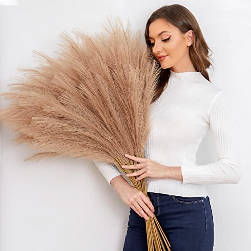 Faux Pampas Grass, 9 PCS 37''/3.1FT Tall Fluffy Fake Pompas Floral, Large Artificial Pompous Grass Branches for Floor Vase Fillers, Boho Farmhouse Room Wedding Decor (Taupe) - Image 4
