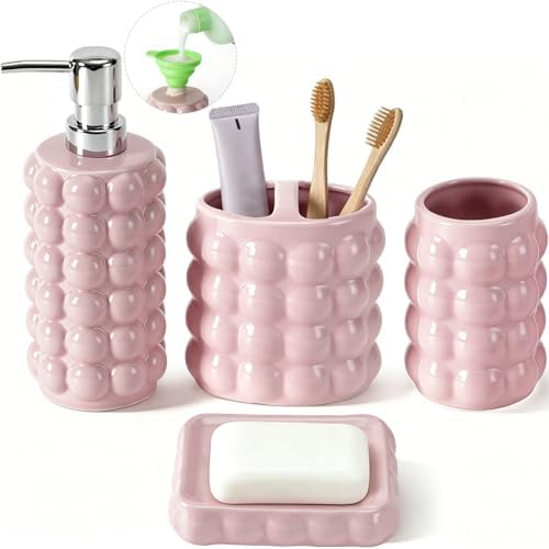 4 Piece Ceramic Bathroom Accessories Set –Soap Dispenser,Toothbrush Holder,Tumbler & Soap Dish,Includes Silicone Funnel,Non-Slip,Modern Farmhouse Countertop Organizer Set for Bathroom Decor, Pink by foinly