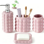 4 Piece Ceramic Bathroom Accessories Set –Soap Dispenser,Toothbrush Holder,Tumbler & Soap Dish,Includes Silicone Funnel,Non-Slip,Modern Farmhouse Countertop Organizer Set for Bathroom Decor, Pink by foinly