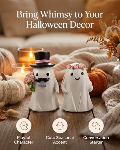 GoGnome Halloween Ghost Bride & Groom Figurine Set of 2, Cute Resin Ghost Couple Decorations with Top Hat, Bow Tie & Flower Crown (White Ghostly Wedding) - Image 3