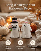 GoGnome Halloween Ghost Bride & Groom Figurine Set of 2, Cute Resin Ghost Couple Decorations with Top Hat, Bow Tie & Flower Crown (White Ghostly Wedding) - Image 3