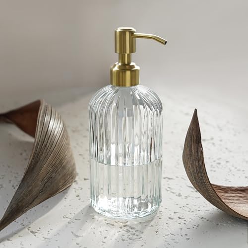 JASAI 18Oz Glass Soap Dispenser with Golden Pump for Kitchen,Refillable Liquid Hand soap Dispenser with Vertical Stripe, Clear Soap Dispenser Bathroom for Hand soap, Dish Soap, Lotion - Image 7