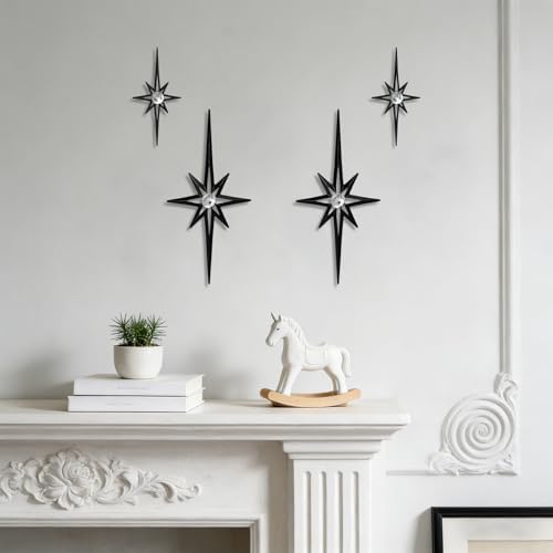 sxnzequnze 4 Pcs Star Wall Art for Home Decor Living Room Bedroom Office Metal 3D,Bling,with Hanging Hook Starburst Midcentury Sculpture Retro Gallery Accent Celestial -Black 16.5in/9.4in - Image 2