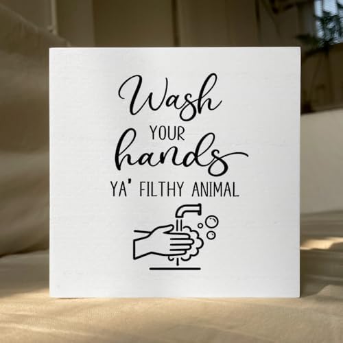 Funny Rustic Bathroom Decor Wooden Box Sign 5x5 Inch - "WASH YOUR HANDS YA' FILTHY ANIMAL" Humorous Restroom Shelf Table Decoration for Home - Image 5