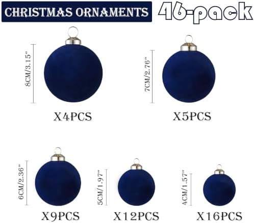 46Pcs Velvet Christmas Ball Ornaments Set - Flocked Shatterproof Christmas Tree Decorations Classic Hanging Ornaments with Rope for Xmas Wreath Holiday Home Decor (Multi-Size, Blue) - Image 2