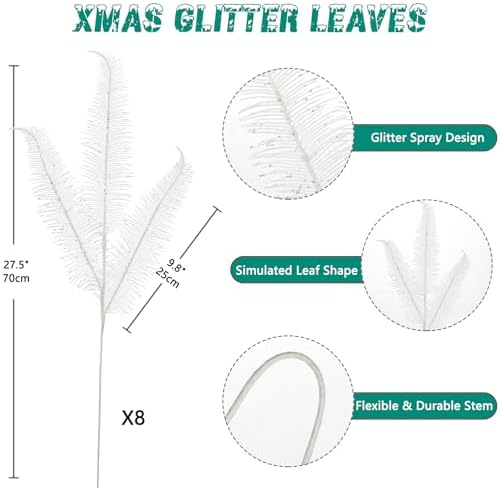 Oairse 8 Pcs Christmas Tree Picks and Sprays White Glitter Christmas Picks 28" Christmas Glitter Feathers Leaves Stems for Christmas Tree Filler Branches Wreaths Centerpieces Holiday Decorations - Image 5