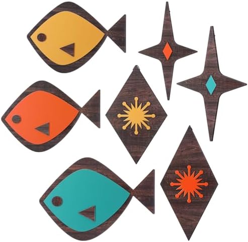 Youyole 7 Pcs Mid Century Modern Wall Art Abstract Fish Wall Decor Retro Atomic Stars Fish Starbursts Vintage Minimalist Mcm Hanging Sculpture 1950s Decor for Living Room Office Beach Home Accents by Ajaredlulu