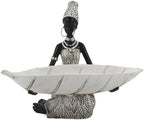 Lescafita African Woman Tray Figurine White Leaf Bowl Sculpture by LESCAFITA