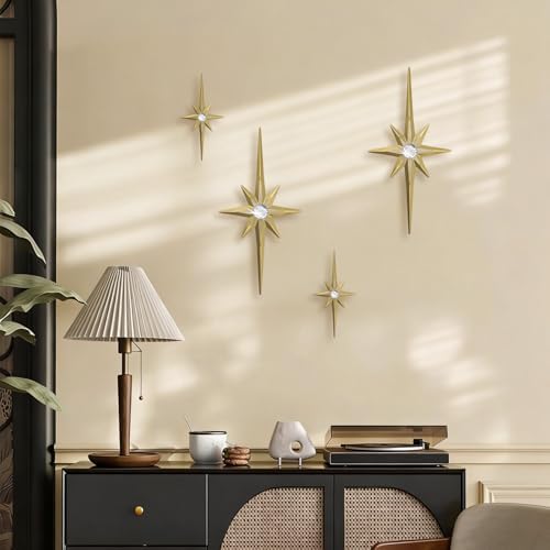 sxnzequnze 4 Pcs Star Wall Art for Home Decor Living Room Bedroom Office Metal 3D,Bling,with Hanging Hook Starburst Midcentury Sculpture Retro Gallery Accent Celestial -Gold 16.5in/9.4in - Image 2