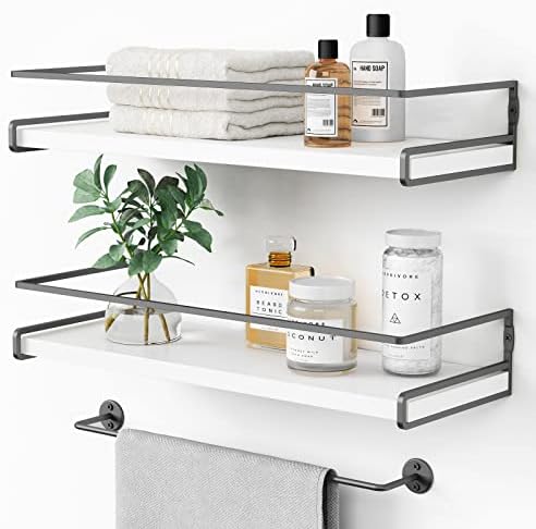 Forbena White Floating Shelves for Bathroom Organizer Over Toilet, Bathroom Shelves Wall Mounted with Towel Rack, Corner Wall Shelf for Bedroom Decor Kitchen Storage (White-Dark Grey, Set of 2) by Forbena