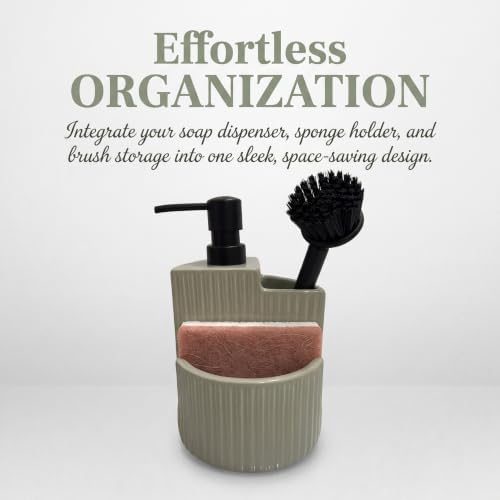 RQYIXI 3-in-1 Ceramic Round Soap Dispenser with Sponge Holder,Green,18 Oz - Image 2