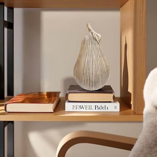 Brown-White Striped Pear Figurine, Modern Resin Pear Sculpture for Home Decor, Decorative Fruit Statues Accent for Kitchen Counter, Dining Room, Coffee Table & Bookshelf Display - Image 5
