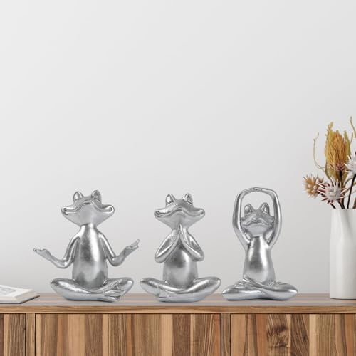 Suoedd Silver Frog Yoga Figurines 3 Pcs,Modern Decor for Shelf,Desk,Office - Image 4