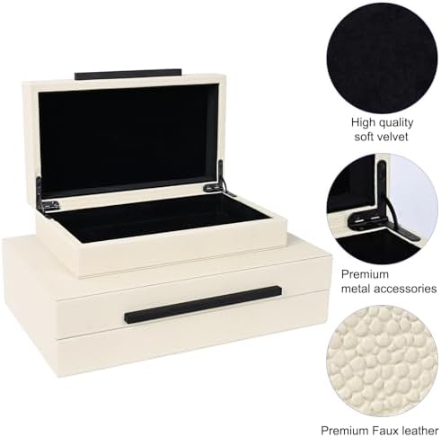 Beige Shagreen Decorative Storage Boxes – Set of 2 Faux Leather Jewelry & Memory Boxes with Black Metal Handles, Nesting Photo Organizers for Home Decor, Gift, and Office Organization - Image 5