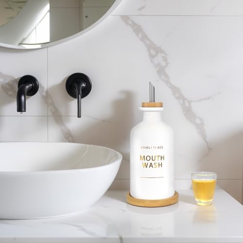 Mouthwash Dispenser for Bathroom 11.8oz – Glass Mouthwash Bottle with Cup & Bamboo Tray, Gold Hot-Stamped Lettering, Nordic Style Countertop Accessory, White Bathroom Accessories (White) - Image 6