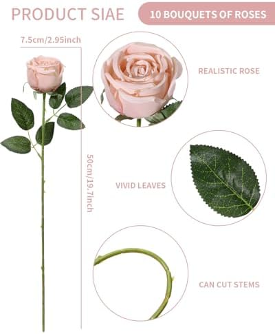 Coferset 10 Pcs Fake Silk Roses with Long Stems,Blush - Image 6