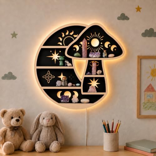 Crescent Moon Floating Shelf with LED Light, Whimsical Mushroom Wall Decor - Image 5