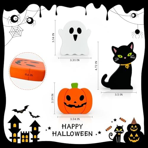 Halloween Decorations for Indoor Home 3 Pcs, Cute Wooden Pumpkin Ghost Black Cat Decor for Tabletop Tiered Tray, Halloween Centerpiece Sign for Desk Fireplace Office Shelf Farmhouse Rest Bathroom Dorm - Image 2
