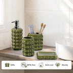 4 Piece Ceramic Bathroom Accessories Set –Soap Dispenser,Toothbrush Holder,Tumbler & Soap Dish,Includes Silicone Funnel,Non-Slip,Modern Farmhouse Countertop Organizer Set for Bathroom Decor, Green - Image 6