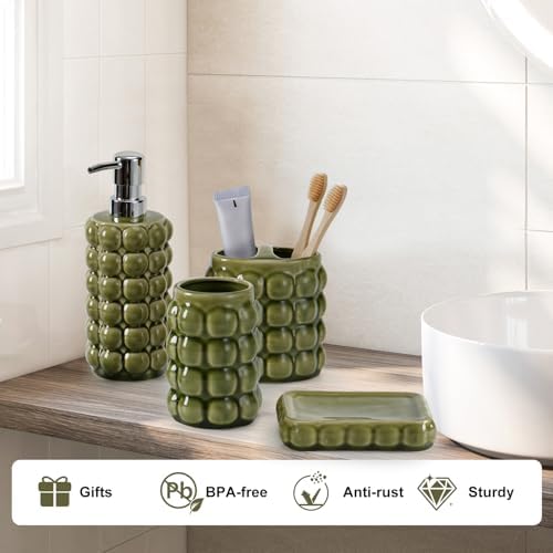 4 Piece Ceramic Bathroom Accessories Set –Soap Dispenser,Toothbrush Holder,Tumbler & Soap Dish,Includes Silicone Funnel,Non-Slip,Modern Farmhouse Countertop Organizer Set for Bathroom Decor, Green - Image 6