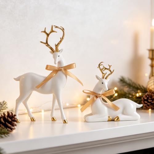WDS WONDROUS Christmas Reindeer Decorations Modern White Gold Table Decor - Image 3