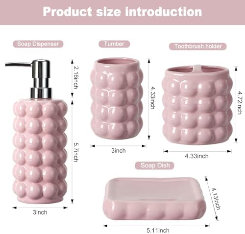 4 Piece Ceramic Bathroom Accessories Set –Soap Dispenser,Toothbrush Holder,Tumbler & Soap Dish,Includes Silicone Funnel,Non-Slip,Modern Farmhouse Countertop Organizer Set for Bathroom Decor, Pink - Image 3