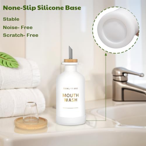 Mouthwash Dispenser for Bathroom 11.8oz – Glass Mouthwash Bottle with Cup & Bamboo Tray, Gold Hot-Stamped Lettering, Nordic Style Countertop Accessory, White Bathroom Accessories (White) - Image 4