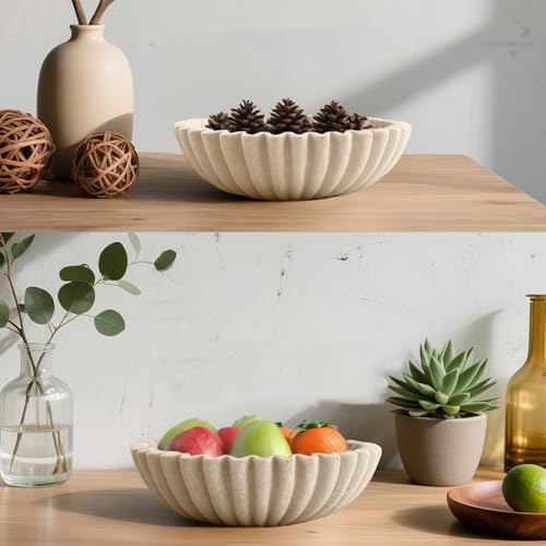10'' Large Ruffle Decorative Fruit Bowl for Entryway Coffee Table Scalloped Purse Key Holder Kitchen Countertop Console Modern Organic Home Decor, Artificial Stone Beige - Image 5