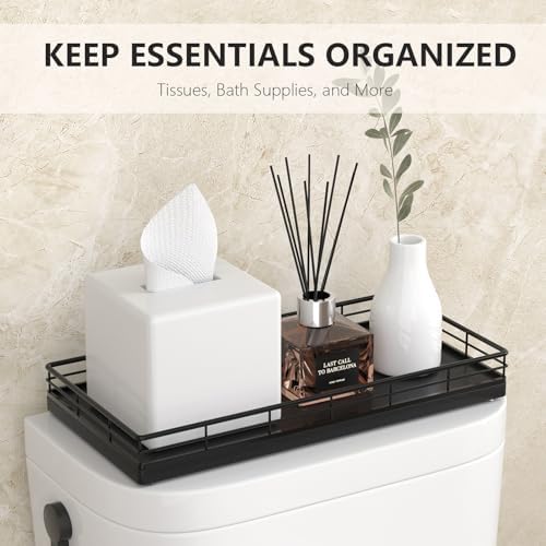Toilet Paper Basket Organizer, Oak Wood Toilet Tank Tray with Metal Frame - Image 3