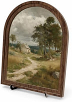 Tabletop Wood Decor Rustic Landscape Sign, Arched Wooden Frame Farmhouse Artwork for Shelf or Desk Display, Vintage Countryside Pictures for Living Room Bathroom Table or Wall Decor by Unknown