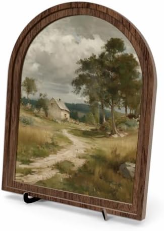 Tabletop Wood Decor Rustic Landscape Sign, Arched Wooden Frame Farmhouse Artwork for Shelf or Desk Display, Vintage Countryside Pictures for Living Room Bathroom Table or Wall Decor by Unknown