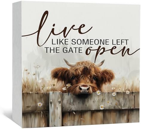 Highland Cow Decor Sign - Farmhouse Western Animal Office Kitchen Bedroom Decor, Rustic Farm Live Like Someone Left The Gate Open Signs, Highland Cow Gifts For Women 8x8 by Nitelat
