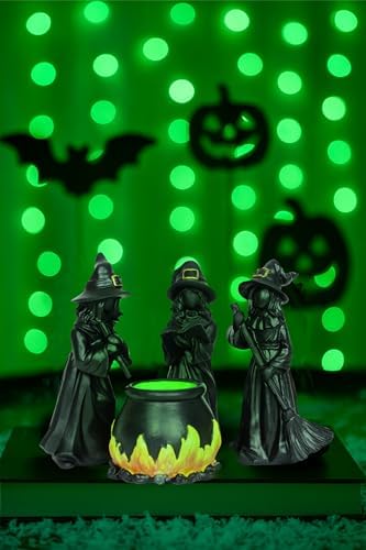 Halloween Witch Figurine Set with Glowing Cauldron – 4PCS Resin Halloween Decorations for Tabletop Mantel Tiered Tray Indoor Haunted House Spooky Witch Statues, Mini Figurines Gothic Home Decor - Image 5