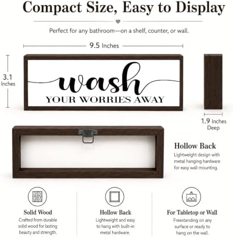 Bathroom Wooden Sign Decor, Wash Your Worries Away Quote Wood Block, Relaxing Bath Room Accent for Shelf Counter or Wall Display, Farmhouse Decor Sign, Giftable Bathroom Decoration, 9.5 x 3.1 Inches - Image 6