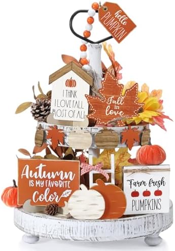 Reallnaive 18 Pcs Fall Tiered Tray Decor, Classic Vintage Pumpkin Signs by Reallnaive