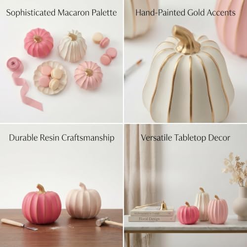 White Pink and Gold Pumpkin Decor, 3Pcs Resin Pumpkin Figurines Fall Decor - Image 2