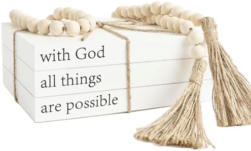 Decorative Books for Home Decor, White Faux Books for Decoration, Rustic Farmhouse Stacked Display Books (with God All Things are Possible) by OMISHE