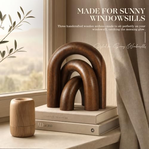 EOSAHR Acacia Wood Arch Decor Set: Wood Sculpture for Office Decor, Brown - Image 3