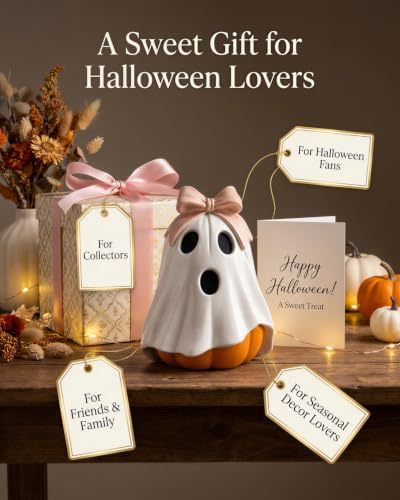 GoGnome Halloween Ghost Pumpkin Figurine, Cute Resin Ghost Decoration with Pink Bow for Fall Tabletop Home Decor (White Ghost Pumpkin) - Image 5