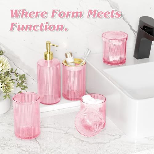 Pink Glass Bathroom Accessories Set 5 Piece, Vintage Ribbed Soap Dispenser, Toothbrush Holder, Tumbler, Qtip Jars, Cute Aesthetic Vanity Organizer for Home, Restroom Countertop Decor - Image 2
