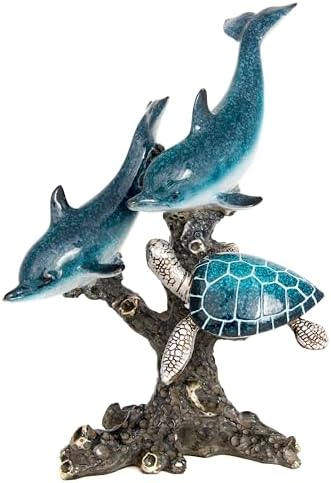 Dolphins and Sea Turtle Swimming on Coral Reef – Ocean Figurine Coastal Tabletop Decor | Sea Life Sculpture Beach House Nautical Room Accents (10.75 x 9.5 in) by Corner Merchant by CornerMerchant