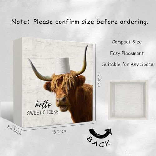 Highland Cow Bathroom Decor - Hello Sweet Cheeks Bathroom Decor, Rustic Highland Cow Western Wood Sign, 5 X 5 Inches - Image 2