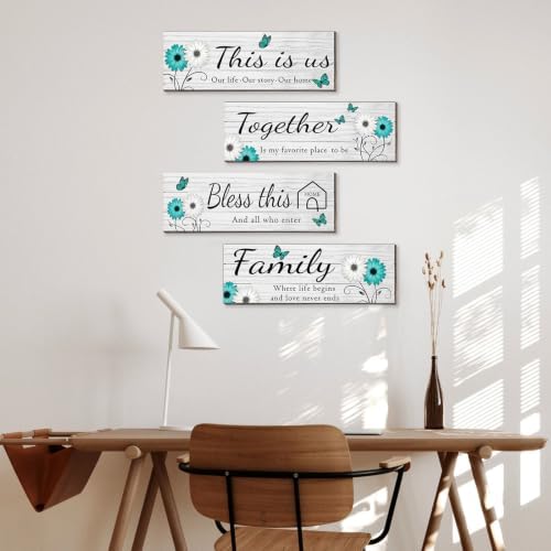 4 Pcs White Farmhouse Wall Decor with Teal Butterflies & Daisies, Rustic Wooden Signs Set, Floral Wall Art for Living Room Bedroom, Housewarming Gift, 4.7" x 13.8" - Image 4