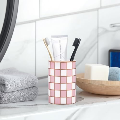 Checkered Bathroom Toothbrush Holder, Bathroom Black and White Ceramic Toothbrush Holder, Modern Toothbrush Box, Used for Bathroom countertop Storage Rack, Checkered Bathroom Decoration (Pink) - Image 6