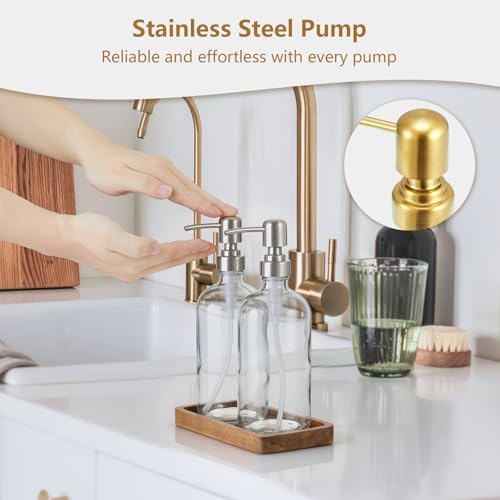 Clear Glass Soap Dispenser Set with Acacia Wood Tray, Refillable Hand Soap Pump Bottle for Kitchen, Bathroom Countertop, Modern Farmhouse Soap Dispenser Set - Image 5