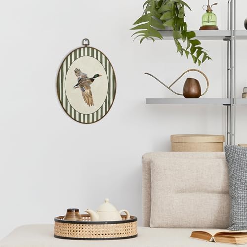 dvhdajed Vintage Mallard Duck Oval Wall Art Decor, Cabin Mallard Ducks Green Striped Framed Canvas Art, Duck Hunting Decorations, Rustic Animal Wall Hanging Decor for Toddler Room Bedroom, 8.7x11.3 - Image 2