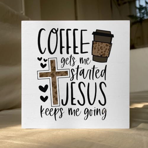Christian Coffee Decor Wood Sign, Farmhouse Kitchen Wall Art with Inspirational Quote, Religious Rustic Wood Box for Coffee Bar, Shelf, Desktop - Image 5