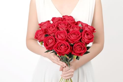 SITUMEIZI 15PCS Red Artificial Roses Silk Flowers Fake Roses Realistic Bouquet Long Stem with Gift Box for Mother's Gift Day Home Party Wedding Decorations - Image 2