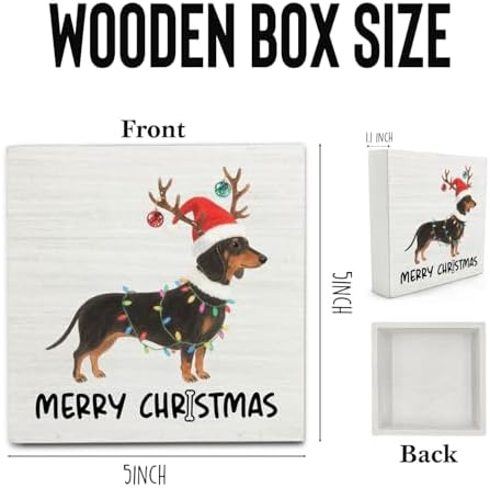 Dachshund Merry Christmas Wooden Box Sign Desk Decor, Weiner Dog Lover Gifts, Christmas Sausage Dog Wood Block Sign for Home Bedroom Office Desk Table Shelf Wall Decorations, 5x5 Inch - Image 6