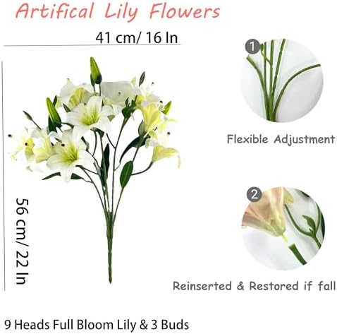 12 Artificial Lily Flowers with 9 Heads Full Bloom Lily & 3 Buds, Long Stem Artificial Stargazer Lilies, Faux Tiger Bouquets for Home Hotel Office Party Decor Table Centerpieces（White - Image 5